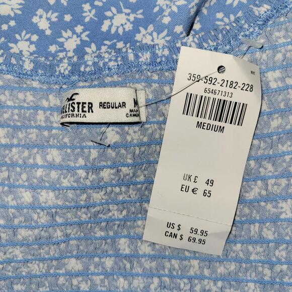 Hollister Short Puff Sleeve Dress Blue Ditsy Floral Smocked Side Split L NWT - Picture 6 of 8